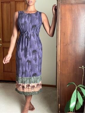 Purple Sleeveless Elephant Print Midi Dress